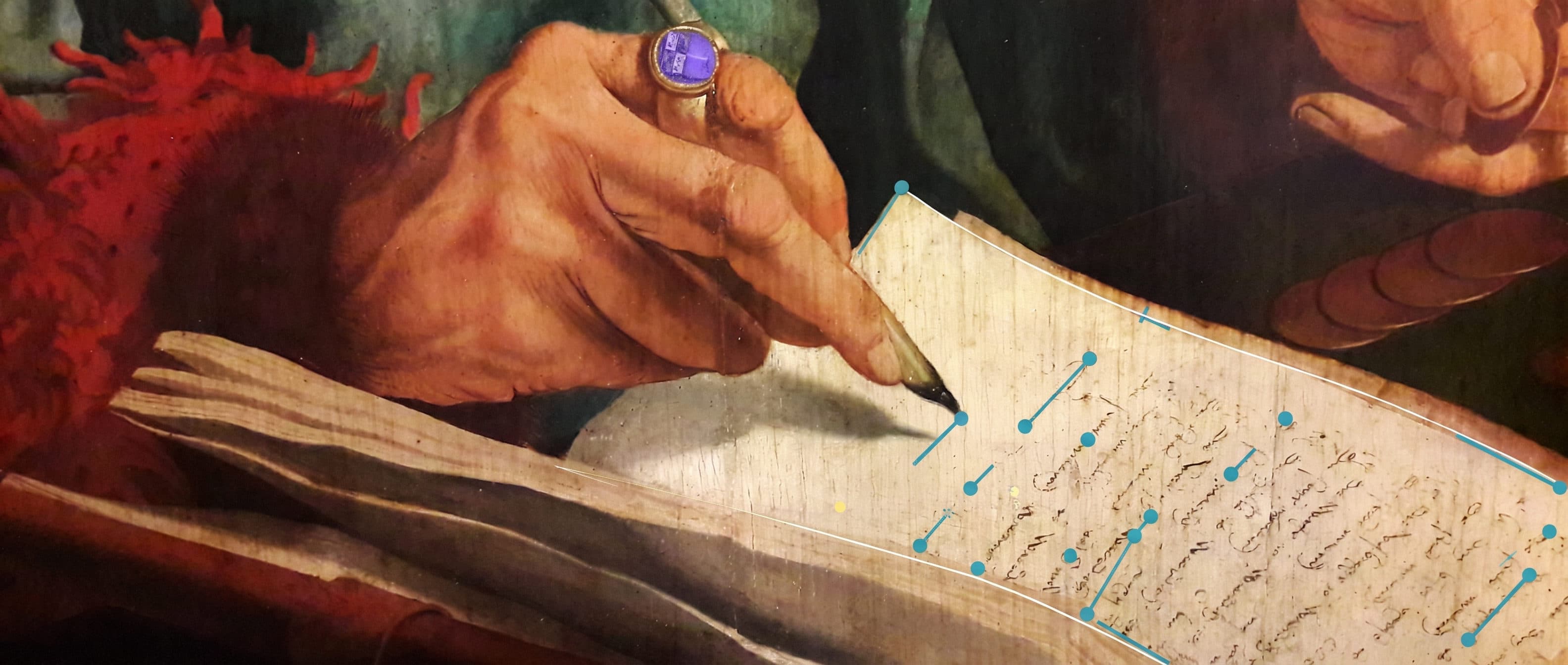 Marinus van Reymerswaele, détail : une main inscrit un registre à la plume, la bague-sceau recolorée en violet.