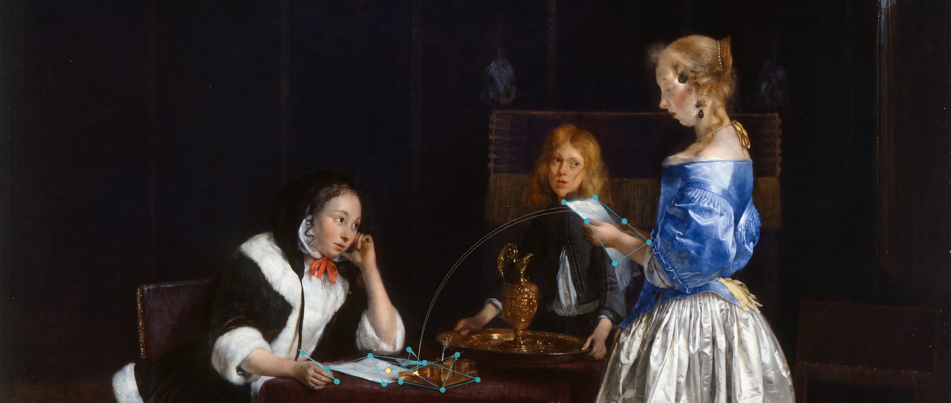 Gerard ter Borch, « La Lettre » (v. 1660) : une lettre lue dans un intérieur, les papiers de l’écritoire reliés par un relevé cyan.