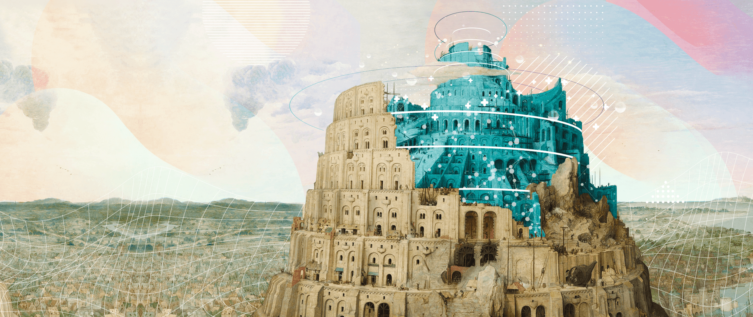 La Tour de Babel de Bruegel l’Ancien, dont le sommet inachevé est repris en cyan et cerclé d’orbites lumineuses