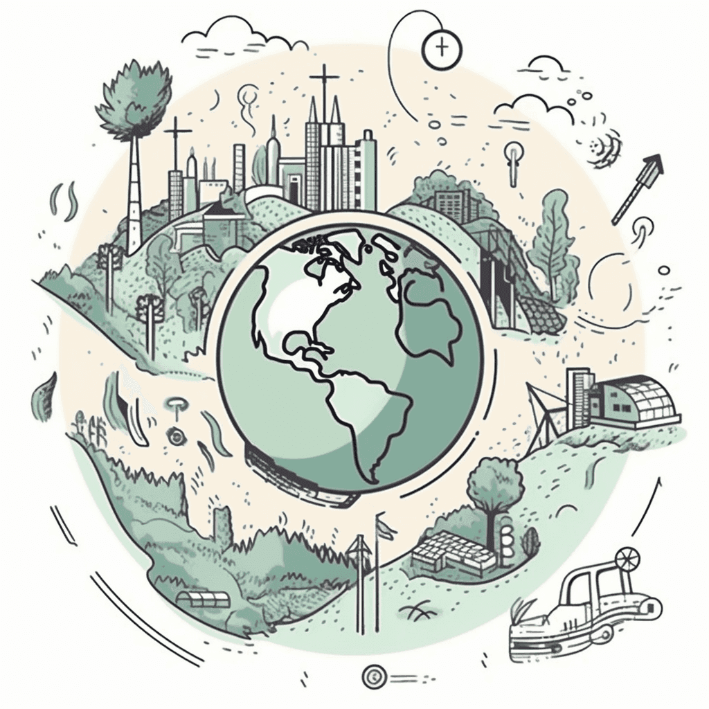 Illustration au trait d’un globe terrestre entouré d’une ville, de forêts et d’installations industrielles, en vert et beige