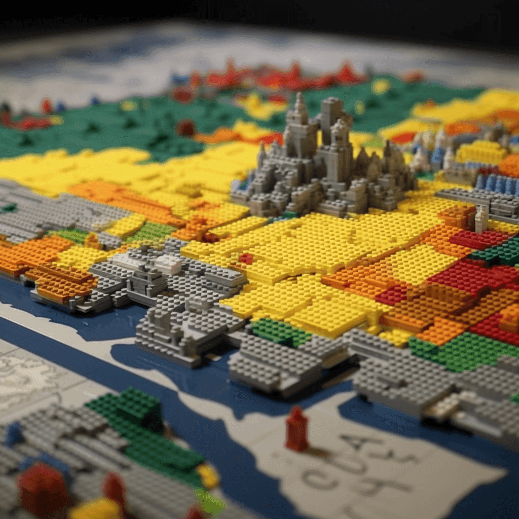 Une carte de l’ouest de la France construite en briques de plastique colorées, une ville en gris au centre