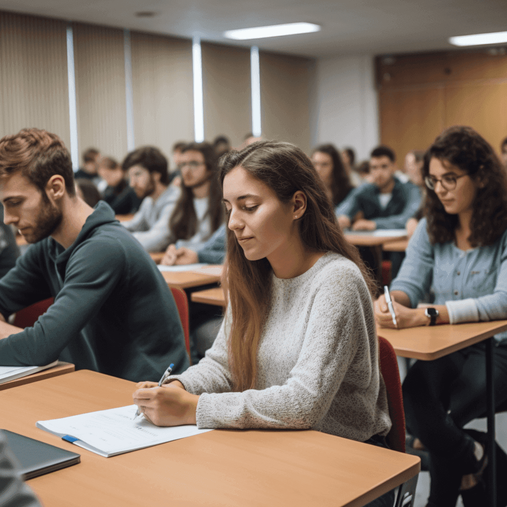 Des étudiants prenant des notes, assis aux tables d’une salle de cours