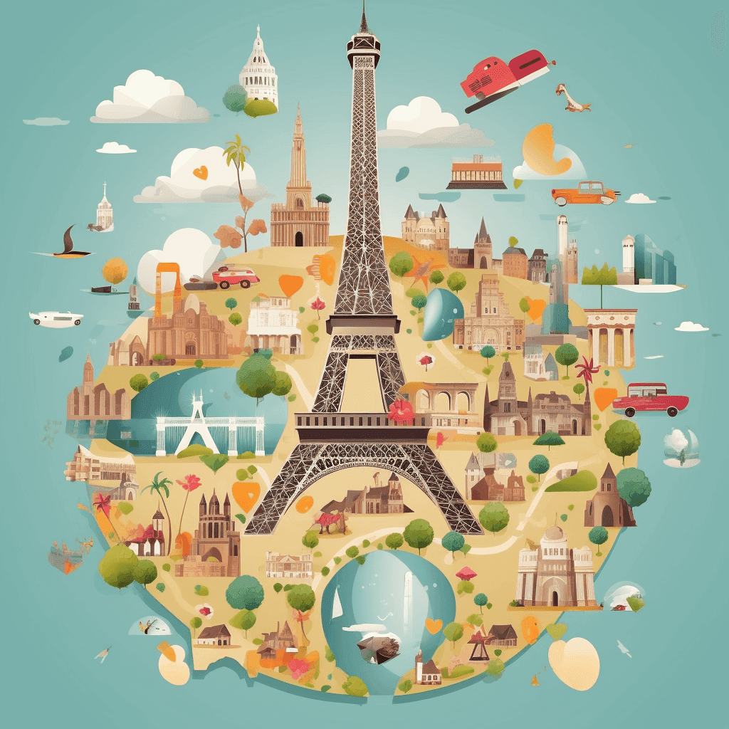 Carte illustrée de la France couverte de monuments touristiques, la tour Eiffel au centre