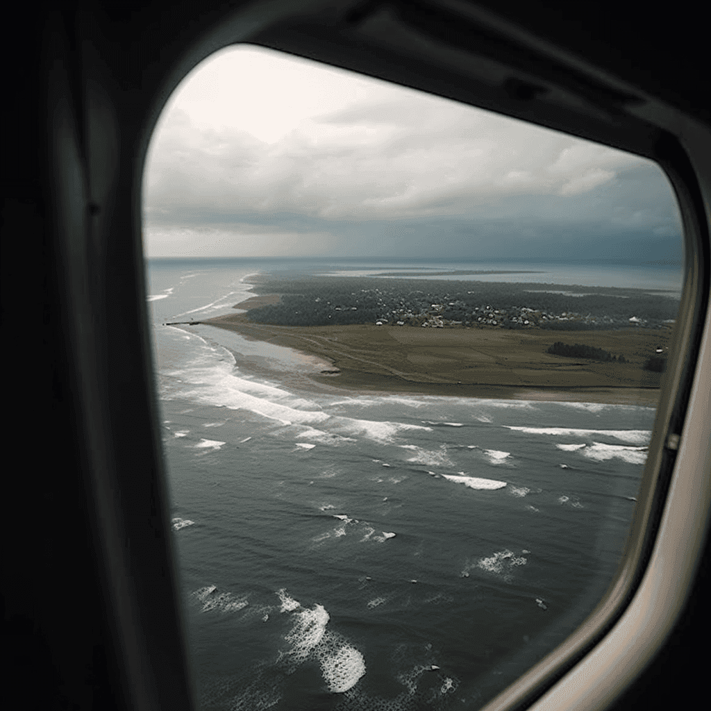 Vue depuis le hublot d’un avion : un trait de côte, ses vagues et un village en bord de mer sous un ciel couvert