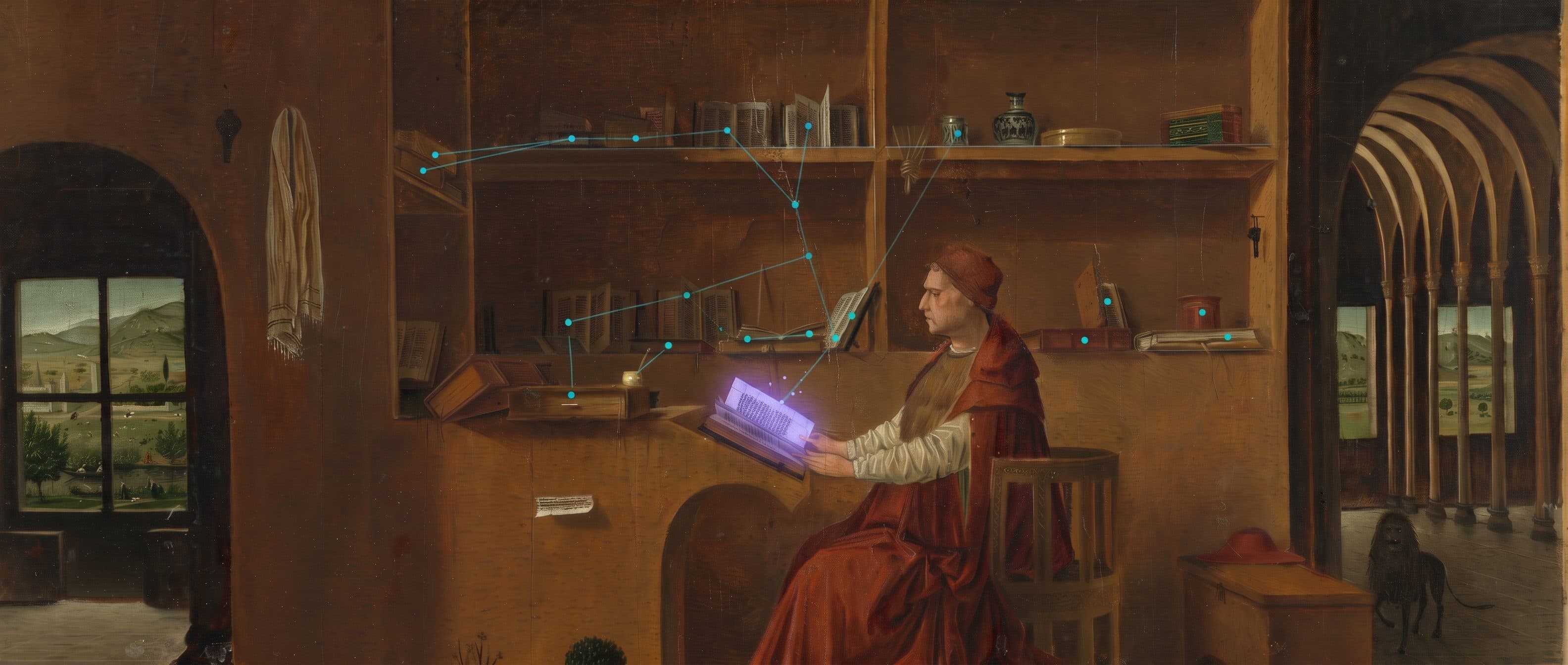 Saint Jérôme dans son étude, d'Antonello da Messina, les livres des rayonnages reliés par un relevé cyan qui converge vers le livre ouvert, éclairé en violet